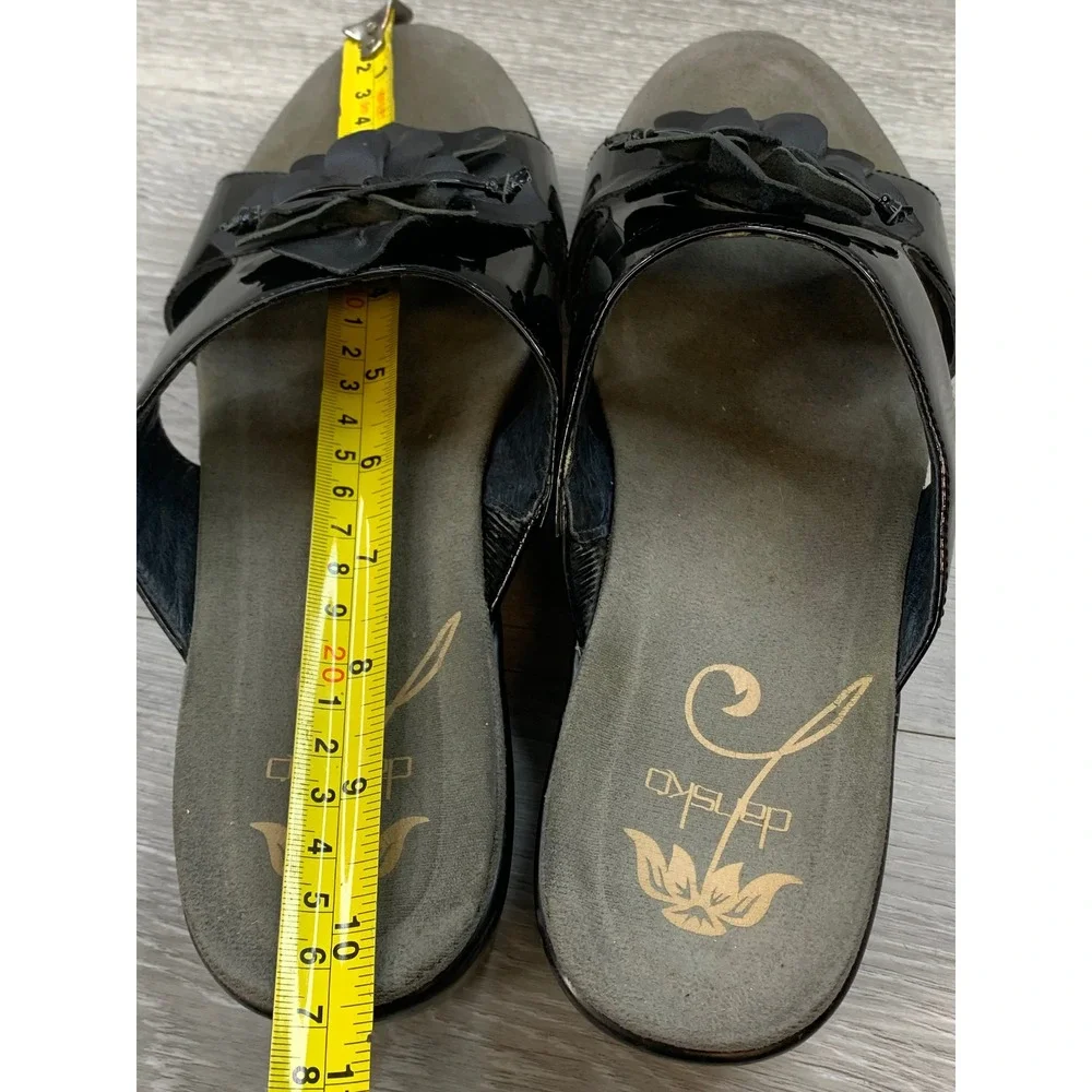 Dansko Black Patent Leather Floral Applique Wedge Slide Sandals Women's 11